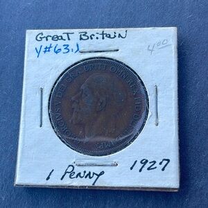 1927 UK GB GREAT BRITAIN ONE PENNY COIN